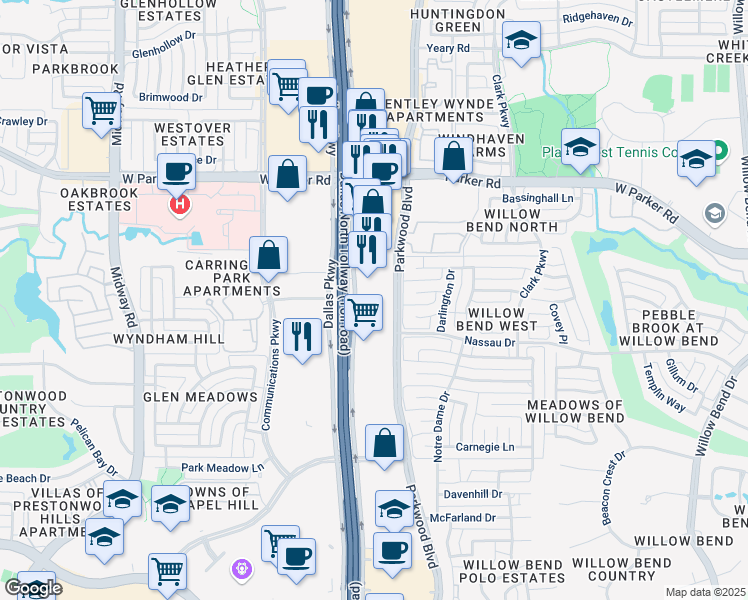 map of restaurants, bars, coffee shops, grocery stores, and more near 2845 Parkwood Boulevard in Plano