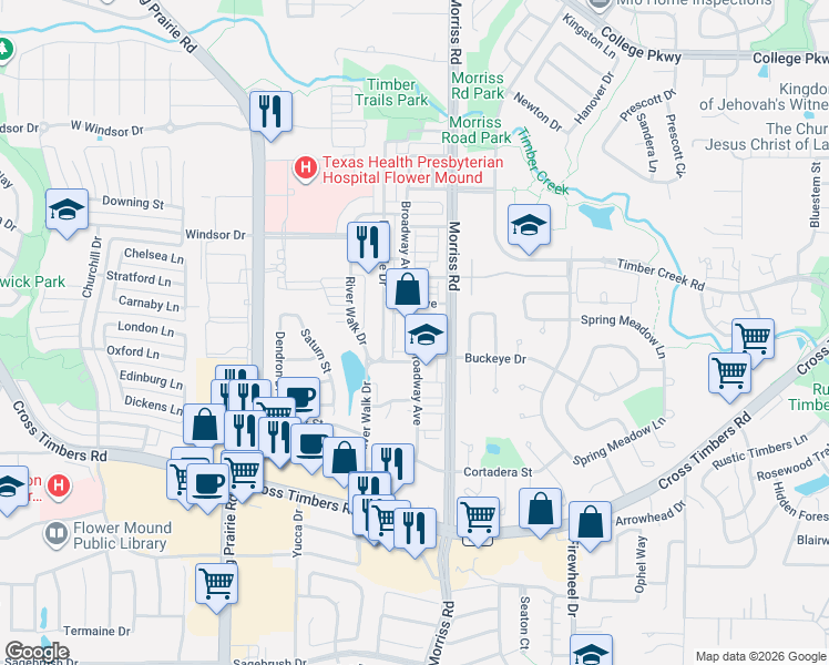 map of restaurants, bars, coffee shops, grocery stores, and more near 4050 South Broadway Avenue in Flower Mound