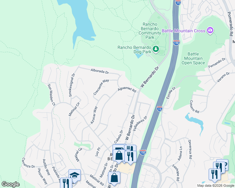 map of restaurants, bars, coffee shops, grocery stores, and more near 17889 Aguamiel Road in San Diego