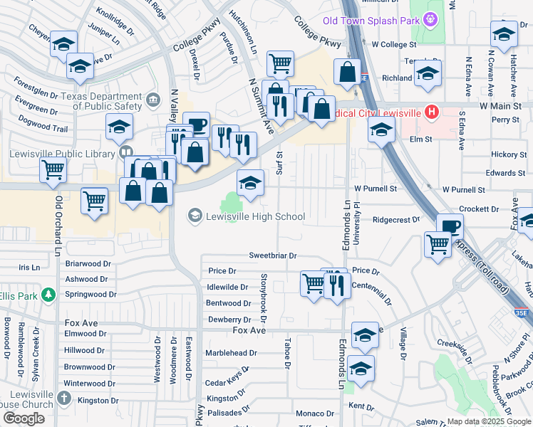 map of restaurants, bars, coffee shops, grocery stores, and more near 602 Manco Road in Lewisville