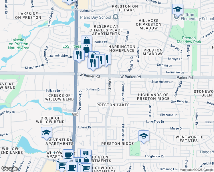 map of restaurants, bars, coffee shops, grocery stores, and more near 3144 Bloomfield Court in Plano