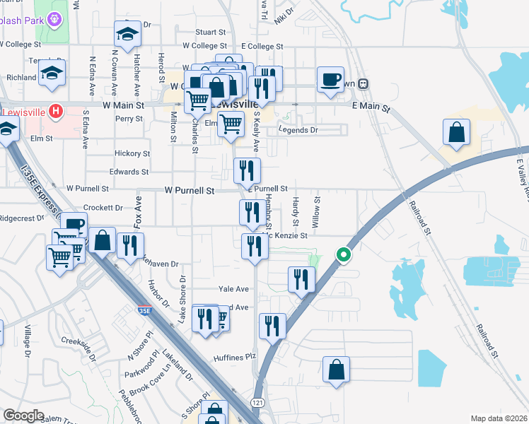 map of restaurants, bars, coffee shops, grocery stores, and more near 634 South Kealy Street in Lewisville