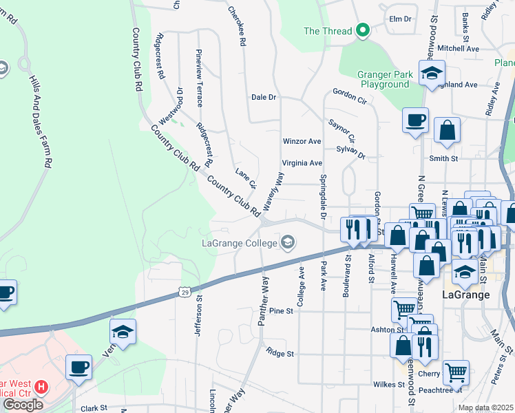 map of restaurants, bars, coffee shops, grocery stores, and more near 306 Country Club Road in LaGrange