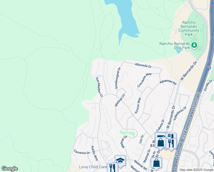 map of restaurants, bars, coffee shops, grocery stores, and more near 18139 Moon Song Court in San Diego