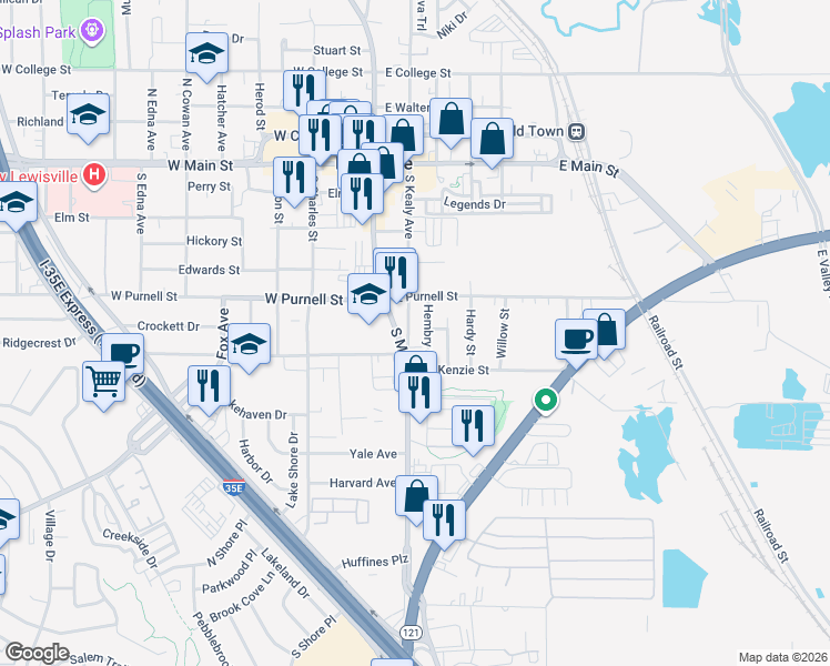 map of restaurants, bars, coffee shops, grocery stores, and more near 634 South Kealy Street in Lewisville