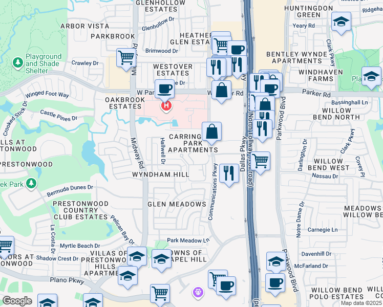 map of restaurants, bars, coffee shops, grocery stores, and more near 3001 Communications Parkway in Plano