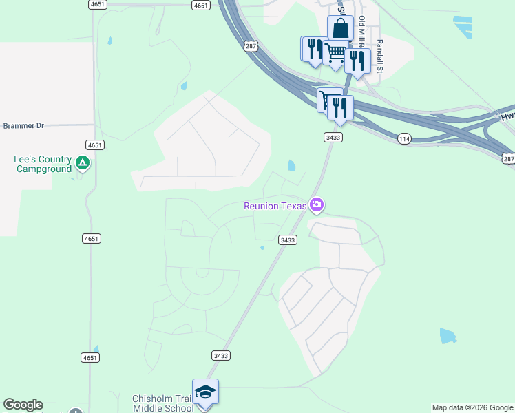 map of restaurants, bars, coffee shops, grocery stores, and more near Farm to Market Road 3433 in Rhome