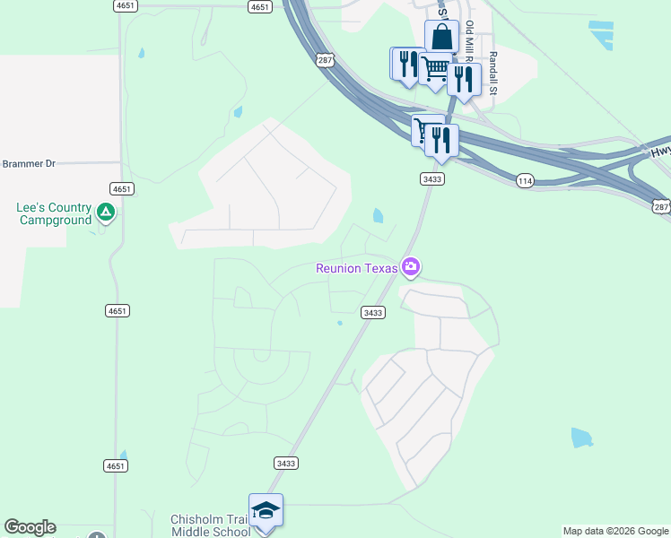 map of restaurants, bars, coffee shops, grocery stores, and more near Farm to Market Road 3433 in Rhome