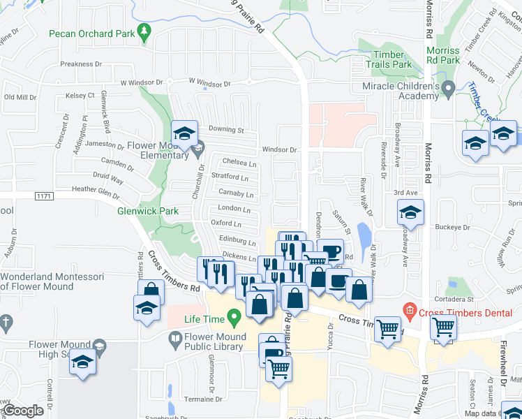 map of restaurants, bars, coffee shops, grocery stores, and more near 4024 Abbey Lane in Flower Mound