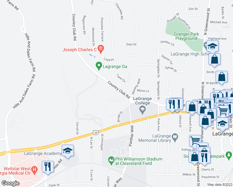 map of restaurants, bars, coffee shops, grocery stores, and more near 329 Country Club Road in LaGrange