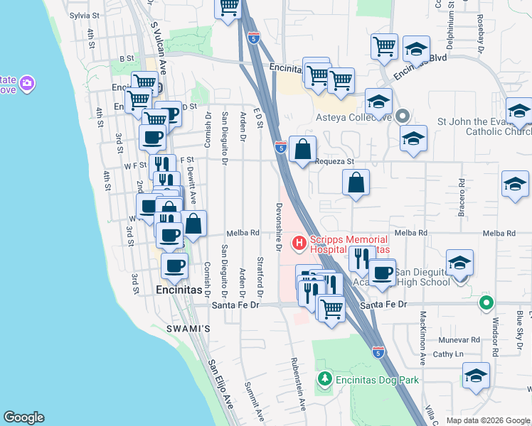 map of restaurants, bars, coffee shops, grocery stores, and more near 901 Stratford Drive in Encinitas