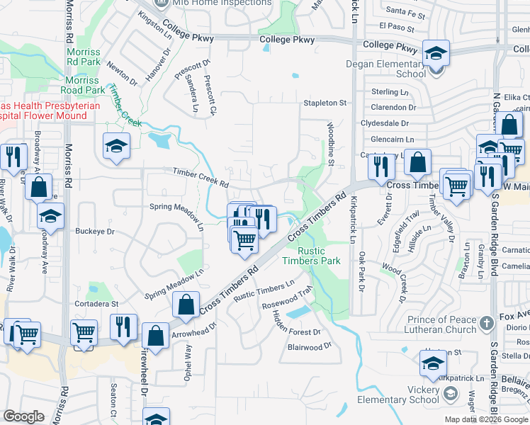 map of restaurants, bars, coffee shops, grocery stores, and more near 4106 1 Place Lane in Flower Mound