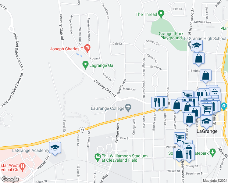 map of restaurants, bars, coffee shops, grocery stores, and more near 308 Country Club Road in LaGrange