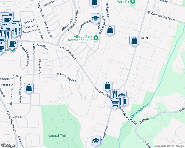 map of restaurants, bars, coffee shops, grocery stores, and more near 2140 Pleasant Grove Road in Encinitas