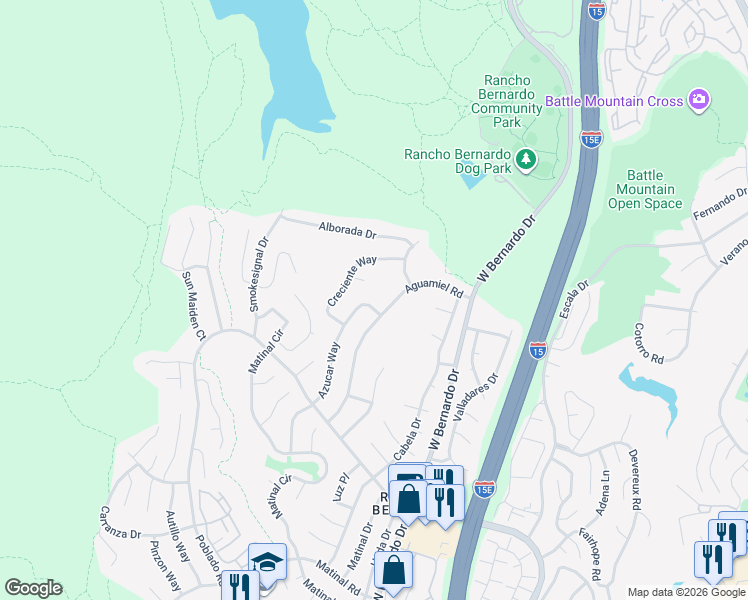 map of restaurants, bars, coffee shops, grocery stores, and more near 17885 Azucar Way in San Diego