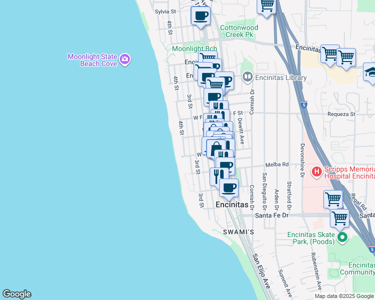 map of restaurants, bars, coffee shops, grocery stores, and more near 906 3rd Street in Encinitas