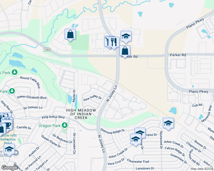 map of restaurants, bars, coffee shops, grocery stores, and more near 4747 North Josey Lane in Carrollton
