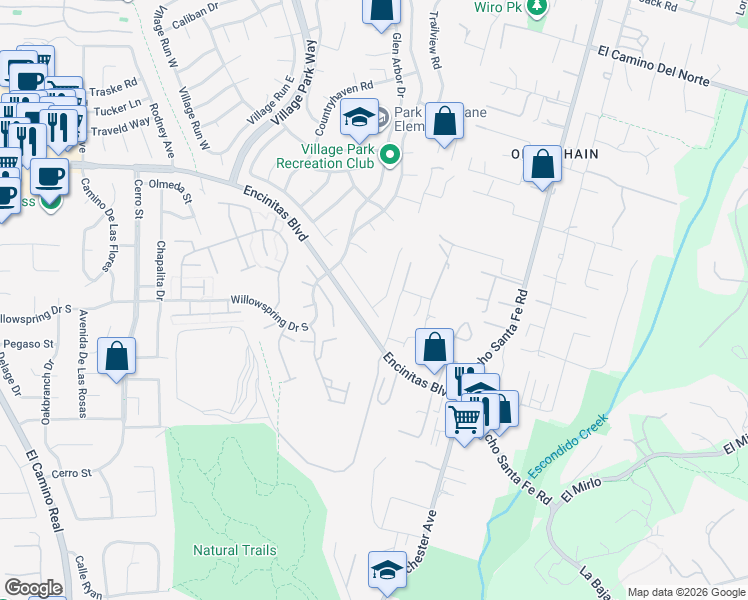 map of restaurants, bars, coffee shops, grocery stores, and more near 2140 Pleasant Grove Road in Encinitas