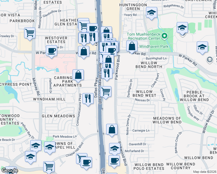 map of restaurants, bars, coffee shops, grocery stores, and more near 2845 Parkwood Boulevard in Plano