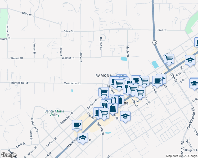 map of restaurants, bars, coffee shops, grocery stores, and more near 1615 Montecito Road in Ramona