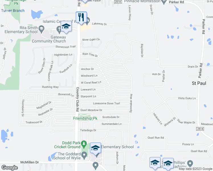 map of restaurants, bars, coffee shops, grocery stores, and more near 1408 Leeward Lane in Wylie