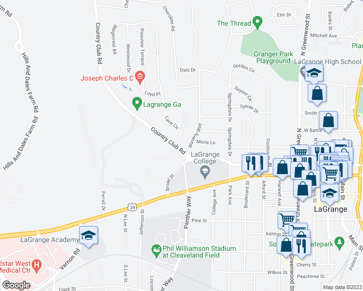 map of restaurants, bars, coffee shops, grocery stores, and more near 310 Country Club Road in LaGrange