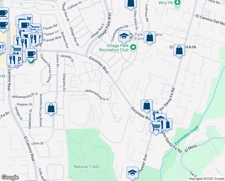 map of restaurants, bars, coffee shops, grocery stores, and more near 1926 Springdale Lane in Encinitas
