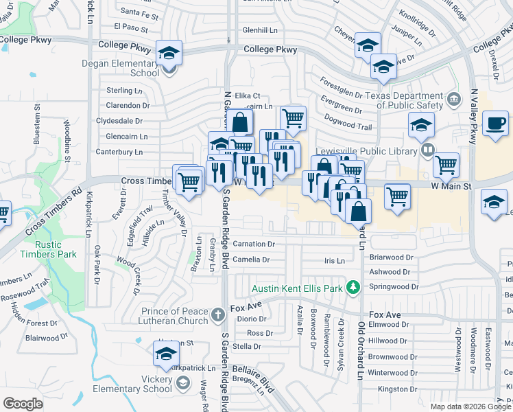 map of restaurants, bars, coffee shops, grocery stores, and more near 415 South Garden Ridge Boulevard in Lewisville