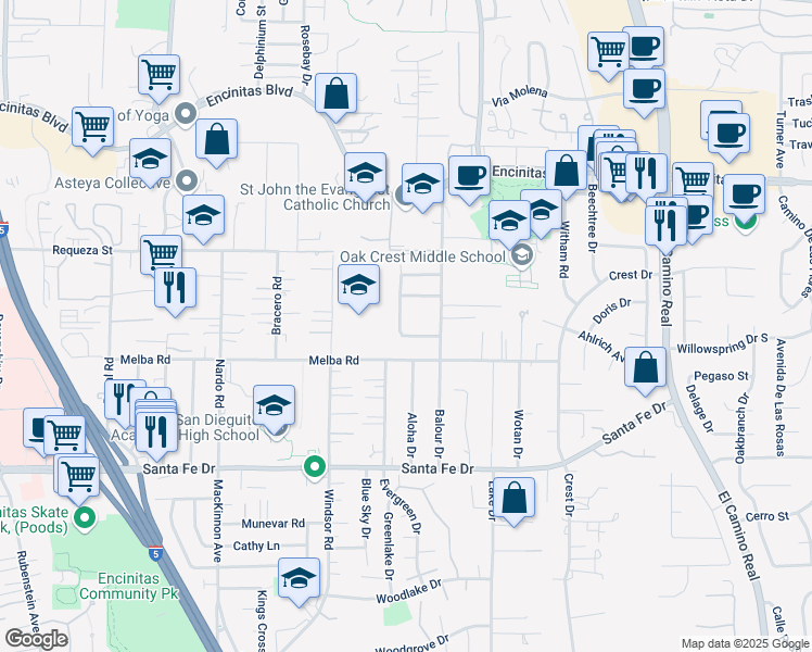 map of restaurants, bars, coffee shops, grocery stores, and more near 939 Avenida De San Clemente in Encinitas