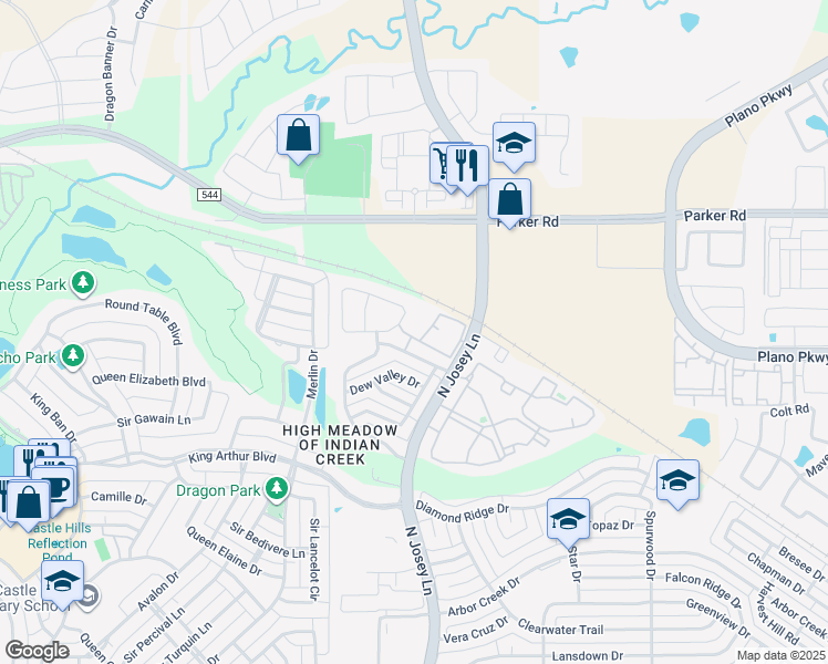 map of restaurants, bars, coffee shops, grocery stores, and more near 4747 North Josey Lane in Carrollton