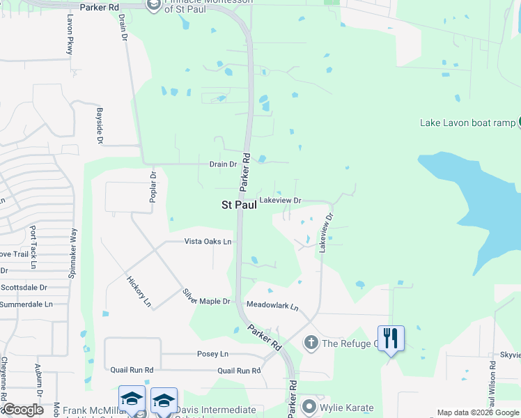 map of restaurants, bars, coffee shops, grocery stores, and more near 1497 Lakeview Drive in Saint Paul