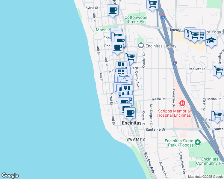 map of restaurants, bars, coffee shops, grocery stores, and more near 906 3rd Street in Encinitas
