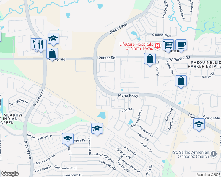 map of restaurants, bars, coffee shops, grocery stores, and more near 2112 Spencer Lane in Carrollton