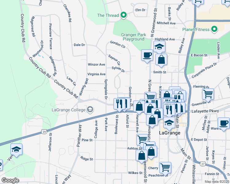 map of restaurants, bars, coffee shops, grocery stores, and more near 201 Ben Hill Street in LaGrange