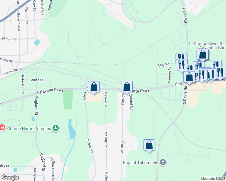 map of restaurants, bars, coffee shops, grocery stores, and more near 1350 Lafayette Parkway in LaGrange