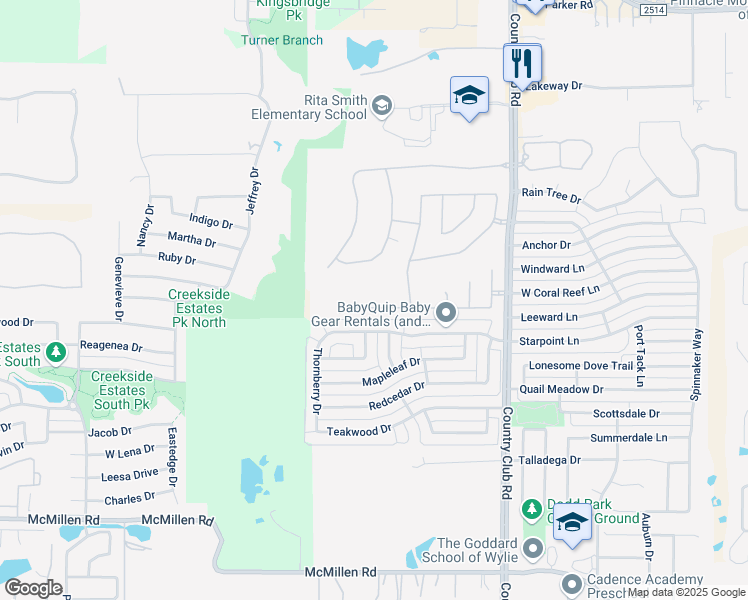 map of restaurants, bars, coffee shops, grocery stores, and more near 1714 Rushing Way in Wylie