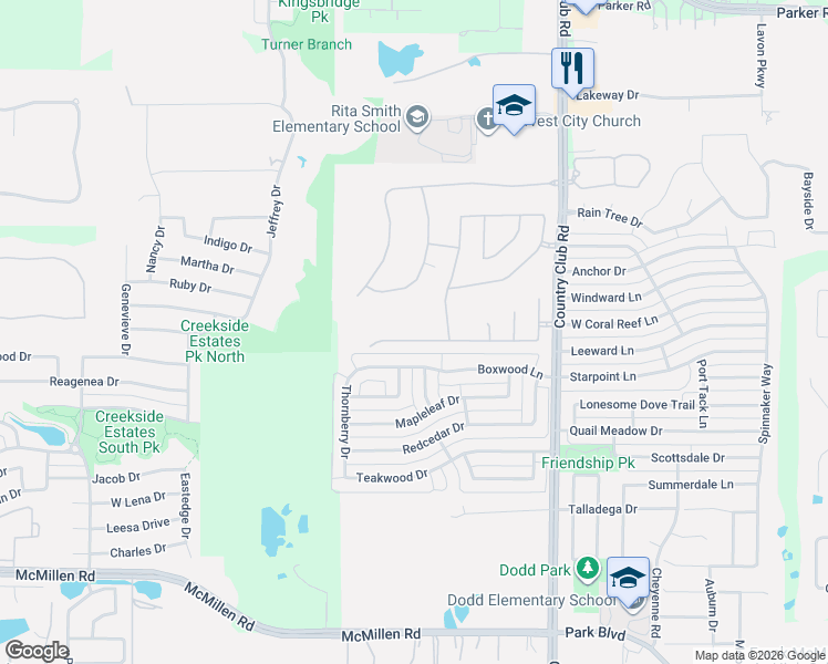 map of restaurants, bars, coffee shops, grocery stores, and more near 1714 Rushing Way in Wylie