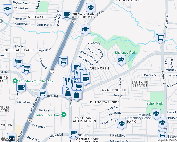 map of restaurants, bars, coffee shops, grocery stores, and more near 3344 N Avenue in Plano