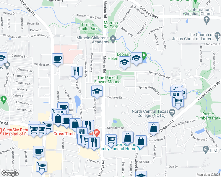 map of restaurants, bars, coffee shops, grocery stores, and more near 4020 Pepperwood Drive in Flower Mound