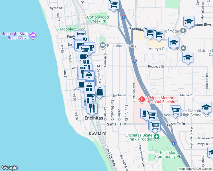 map of restaurants, bars, coffee shops, grocery stores, and more near 887 Cornish Drive in Encinitas