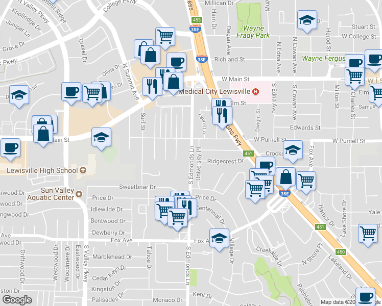 map of restaurants, bars, coffee shops, grocery stores, and more near 624 South Edmonds Lane in Lewisville