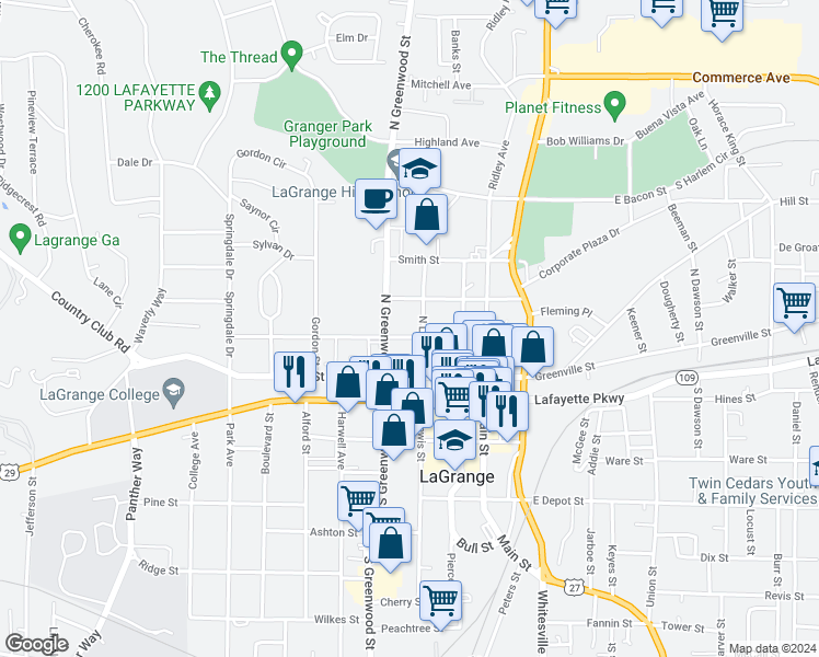 map of restaurants, bars, coffee shops, grocery stores, and more near 107 North Lewis Street in LaGrange