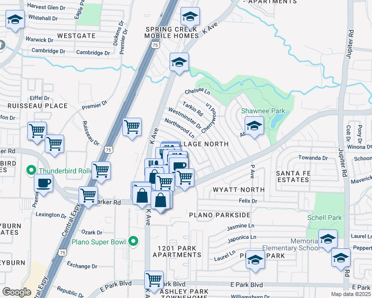 map of restaurants, bars, coffee shops, grocery stores, and more near 3344 N Avenue in Plano