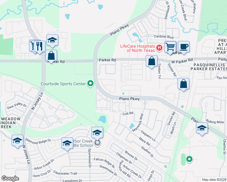 map of restaurants, bars, coffee shops, grocery stores, and more near 2168 Spencer Lane in Carrollton