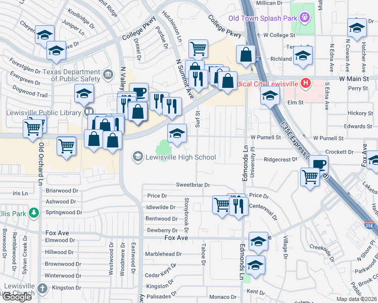 map of restaurants, bars, coffee shops, grocery stores, and more near 602 Manco Road in Lewisville
