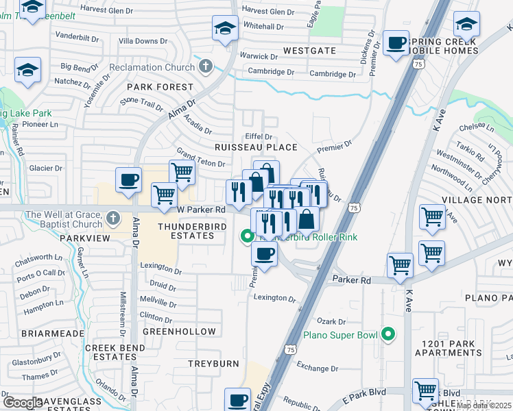 map of restaurants, bars, coffee shops, grocery stores, and more near 525 West Parker Road in Plano