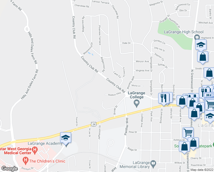 map of restaurants, bars, coffee shops, grocery stores, and more near 341 Country Club Road in LaGrange
