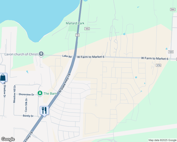 map of restaurants, bars, coffee shops, grocery stores, and more near Texas 78 in Lavon