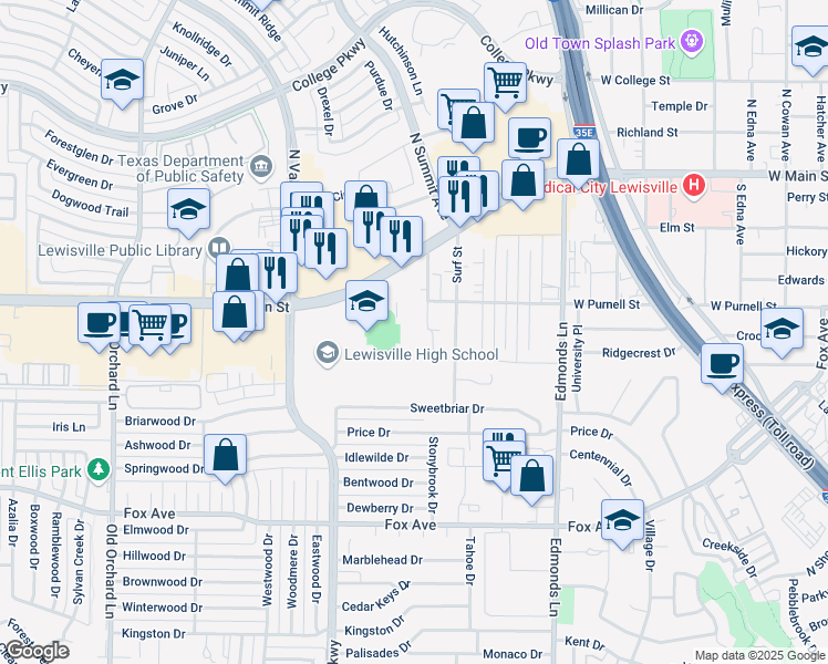 map of restaurants, bars, coffee shops, grocery stores, and more near 602 Manco Road in Lewisville