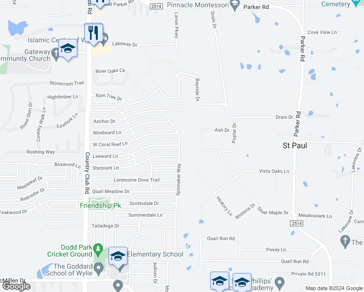 map of restaurants, bars, coffee shops, grocery stores, and more near 1807 Spinnaker Way in Wylie